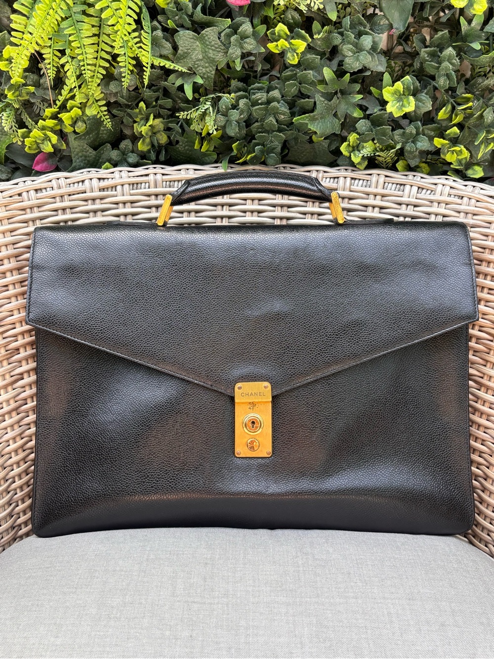 Authentic CHANEL black caviar leather business laptop briefcase bag